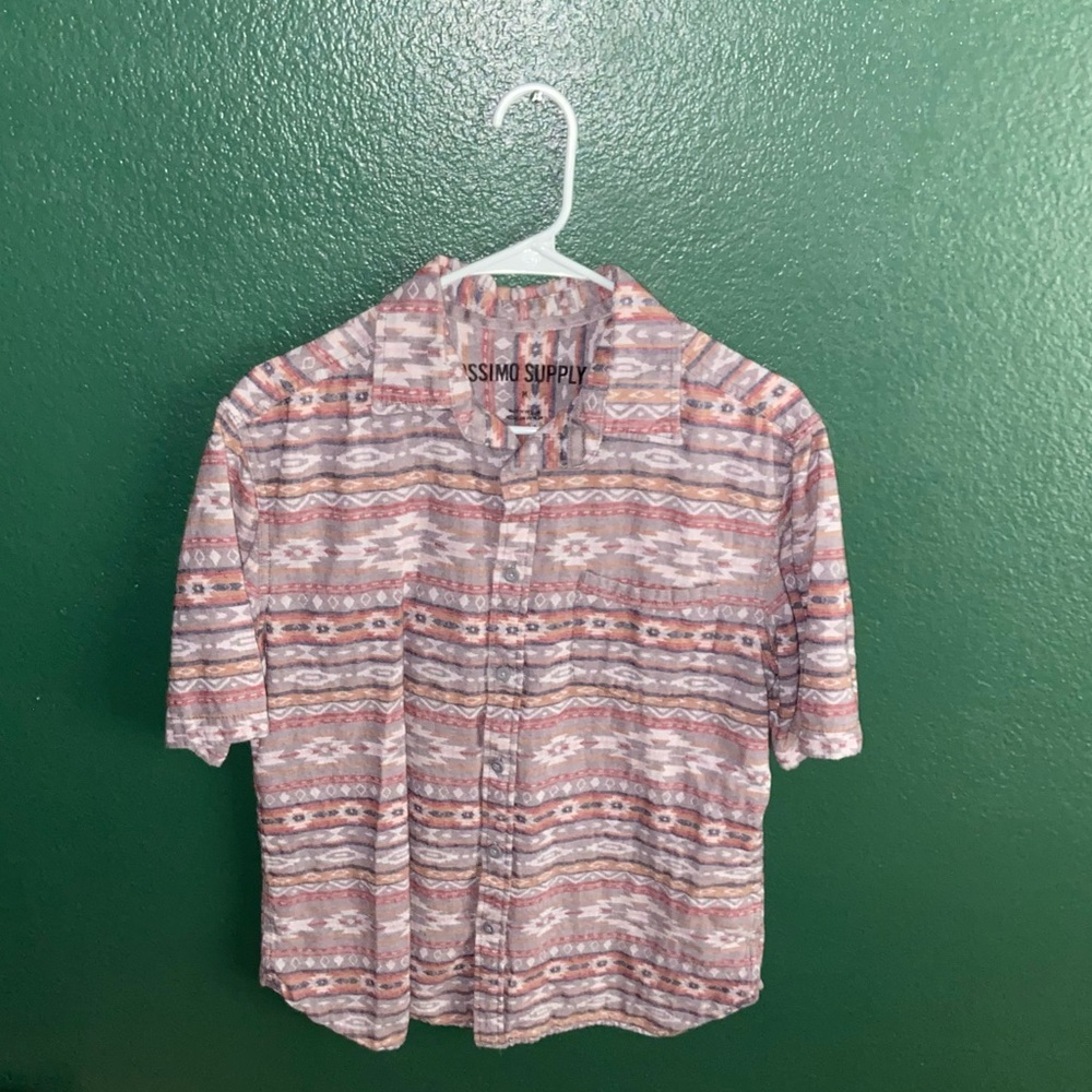 American Vintage Tribal Brown Graphic Collared Tee Short Sleeve Button Up Shirt